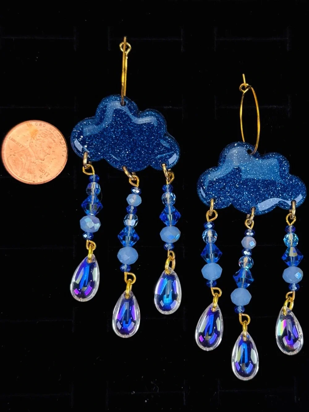 Blue Cloud Dangle Pierced Earrings with Crystal Drops